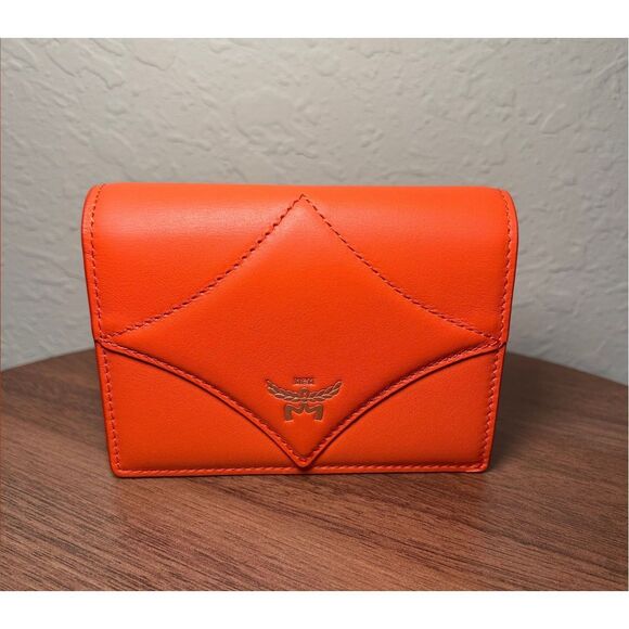 MCM Diamond Quilted Small Compact Wallet Bright Orange Leather Fall Statement - Picture 1 of 12